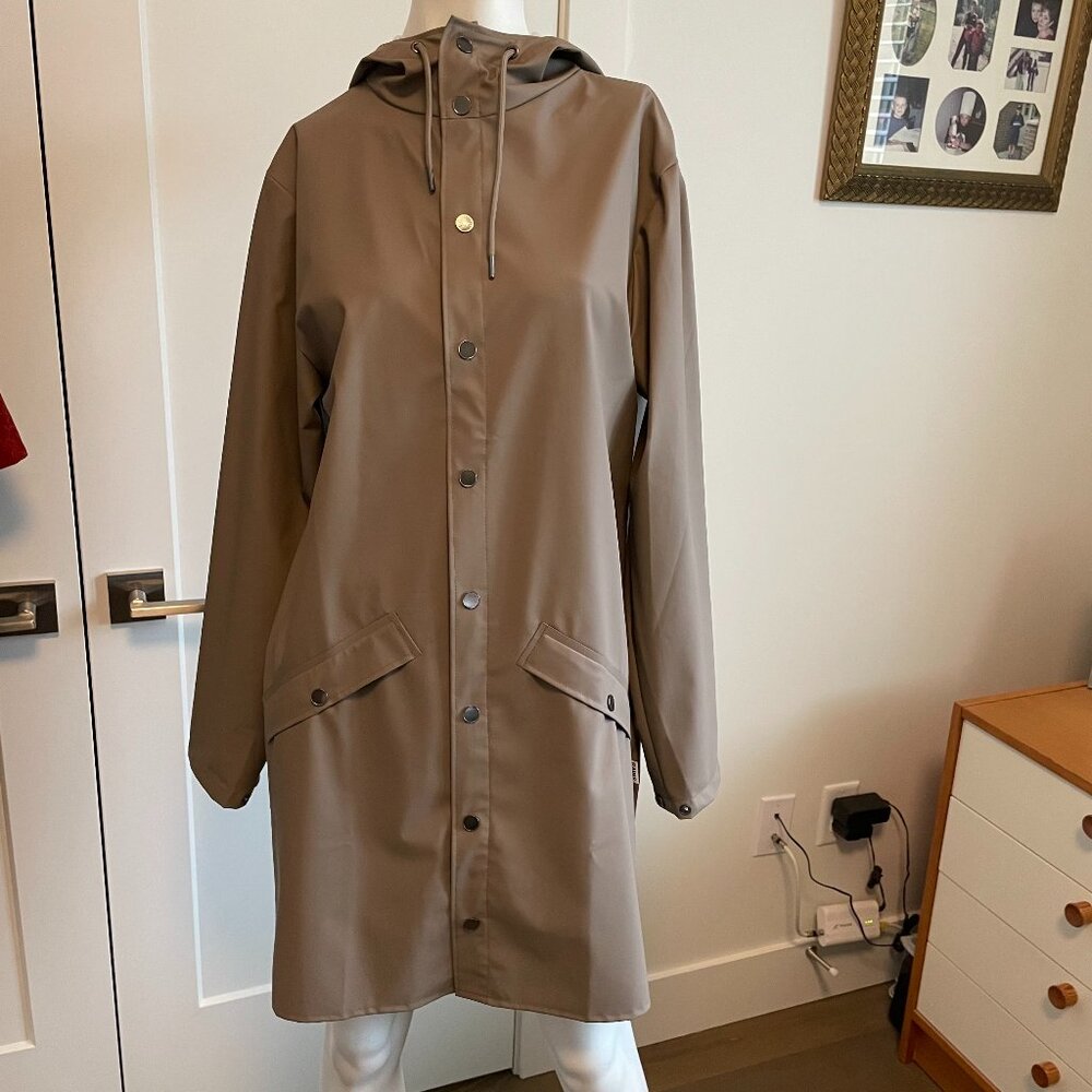 Rains Outdoor Snap Close Hooded Polyester Neutral Raincoat Taupe Tan Sz XS
